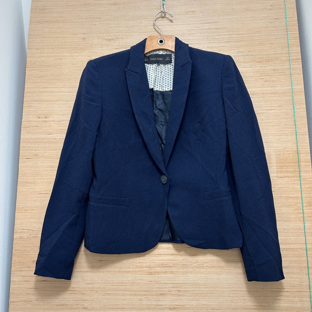 Zara Basic Navy Blue Single Button Tailored Blazer Crepe XS 7106